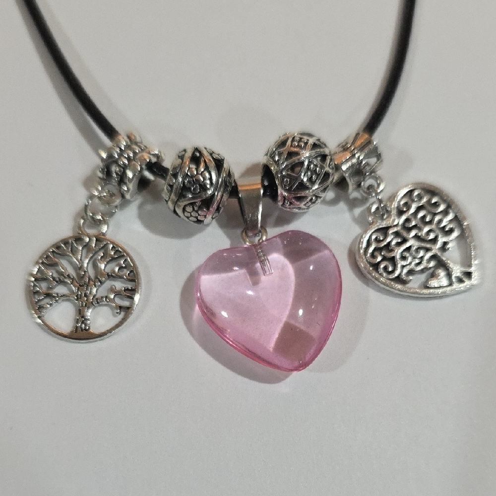 Pink Heart Bead & Silver Charm Necklace – 18" Black Cord Chic Women’s Jewelry - Picture 5 of 8